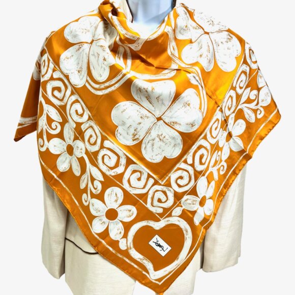 Yves Saint Laurent YSL 100% Silk Satin Scarf 34" White Shamrock Pumkin Color (60 - Picture 1 of 13